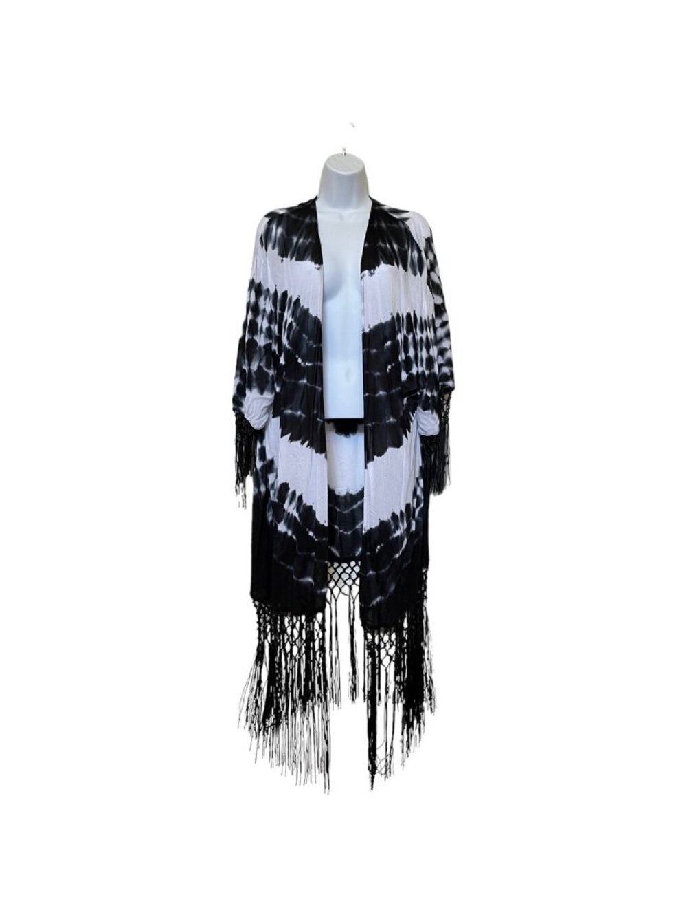 Torrid Womens Black White Tie Dye Fringe Kimono Size 1/2 - Picture 2 of 15
